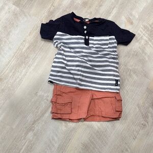 Ben Sherman Kids Black and White Striped Shirt with Rust Shorts